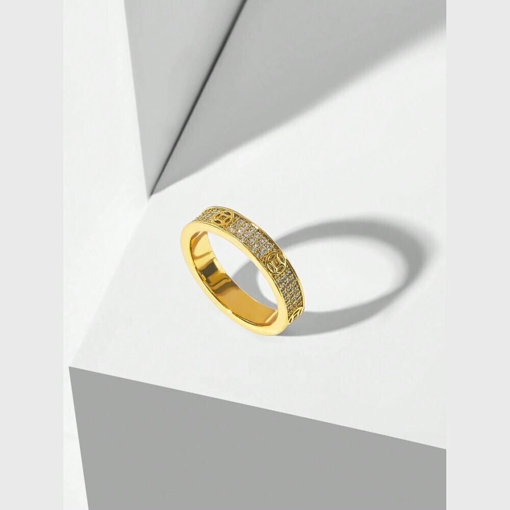 Gold Pave Crystal Band Ring with Engraved Motif